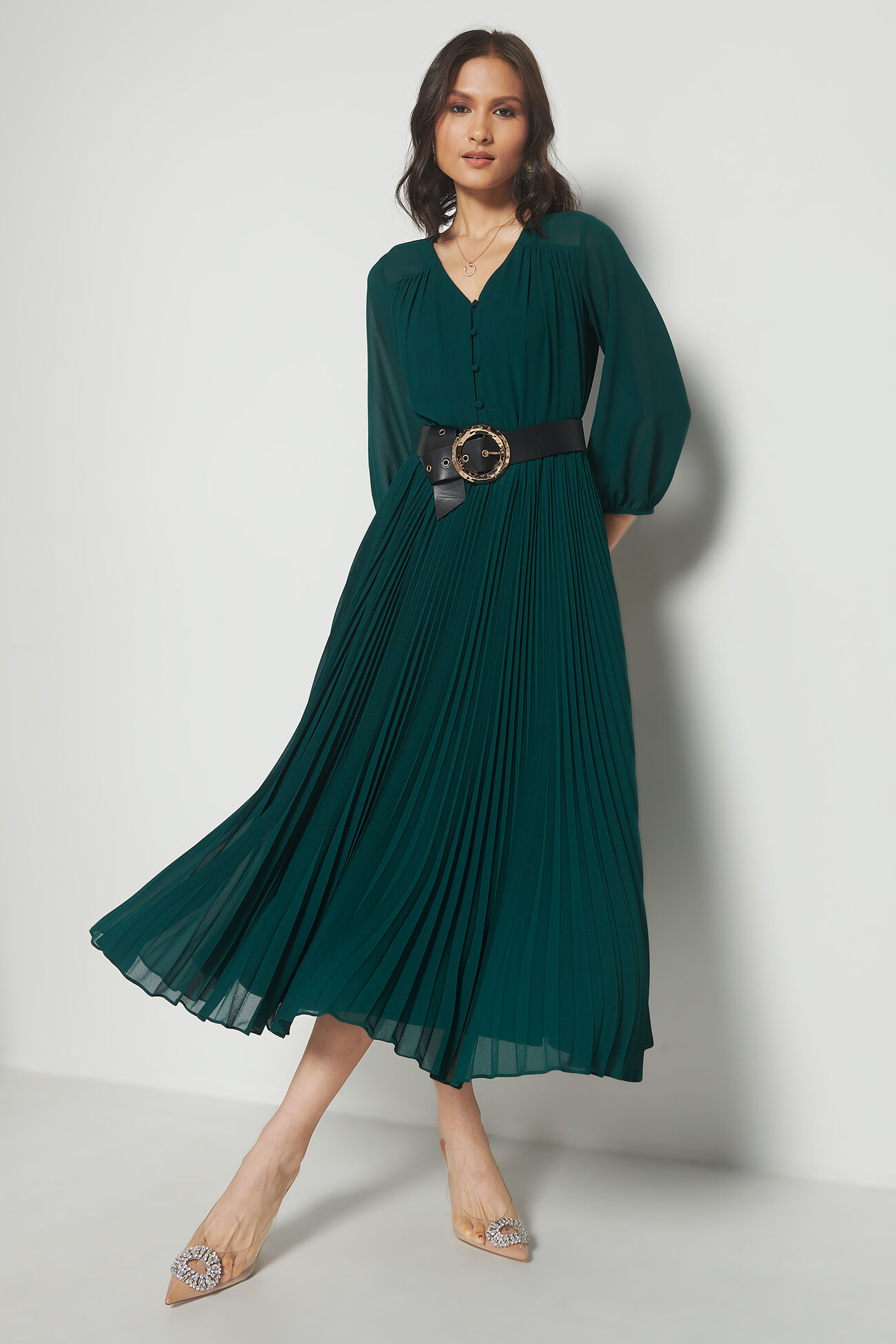 Aubergine Solid Flared Dress, Green, image 4
